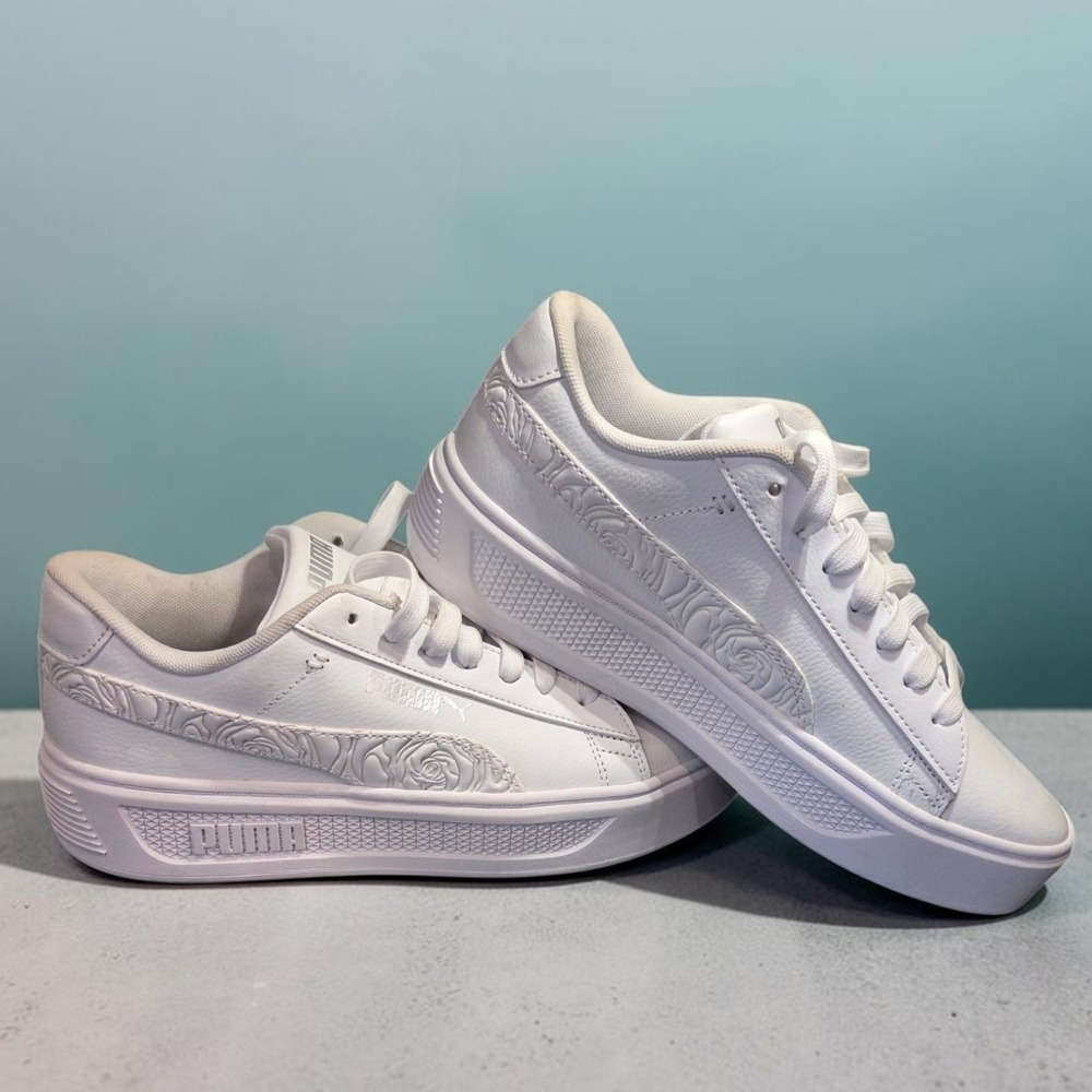Puma Smash 3.0 L Floral White Leather Platform Sneakers 397578-01 Womens 9